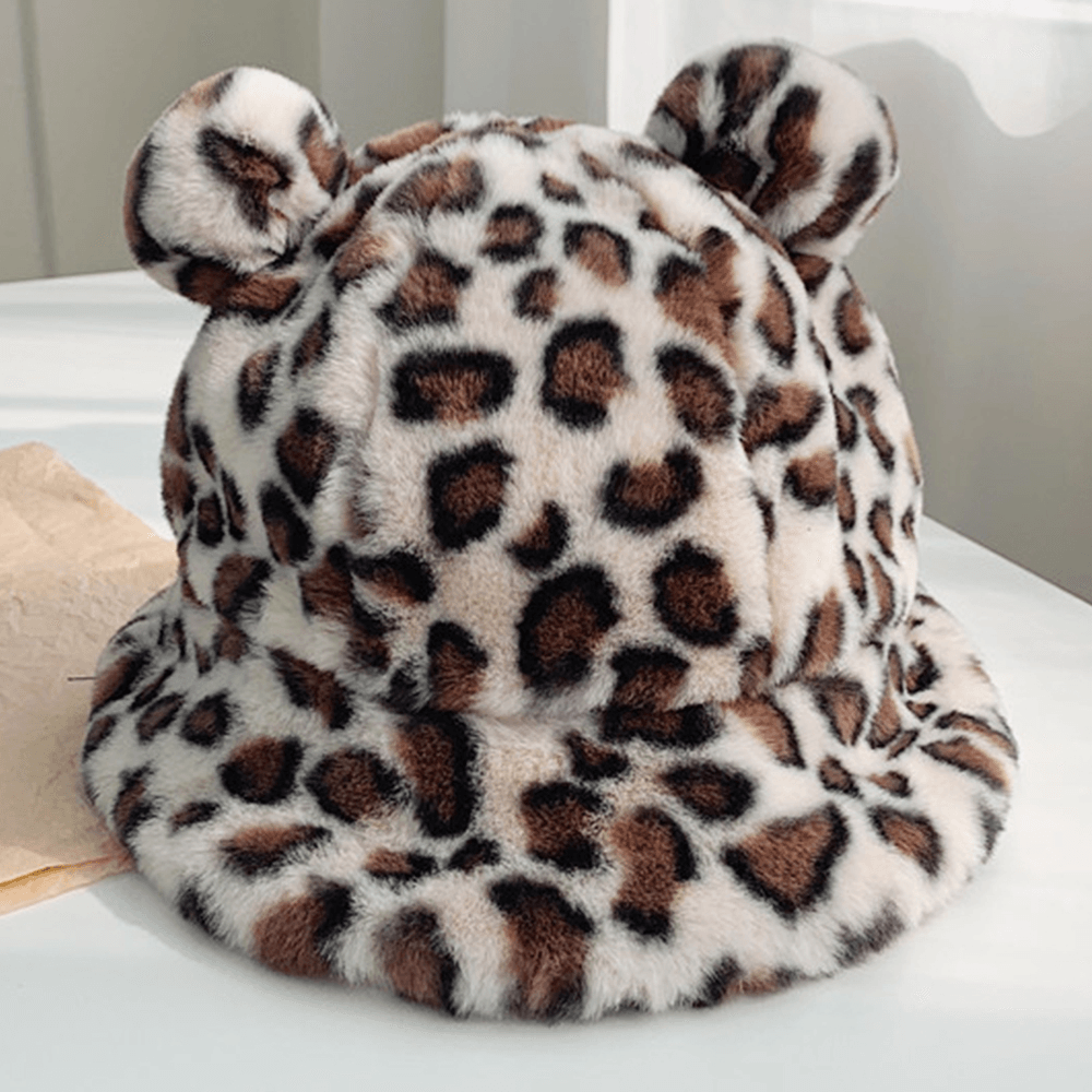 Women Faux Rabbit Hair Warm Soft Cute Casual All-Match Animal Ear Pattern Bucket Hat - MRSLM