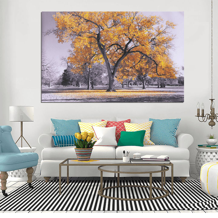 Large Tree Yellow Leaves Black White Nature Canvas Wall Art Picture Print for Home Wall Decoration - MRSLM