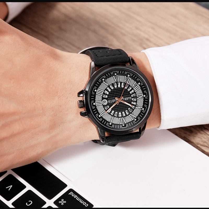 Fashion Casual Roman Numerals Creative Dial Date Display Leather Strap Men Quartz Watch - MRSLM