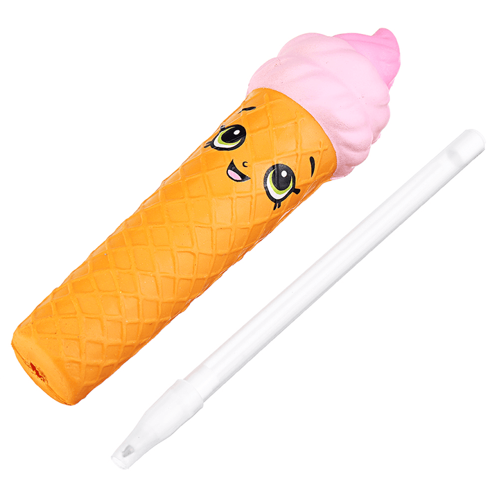 Squishy Pen Cap Smile Face Ice Cream Cone Slow Rising Jumbo with Pen Stress Relief Toys Student Office Gift - MRSLM