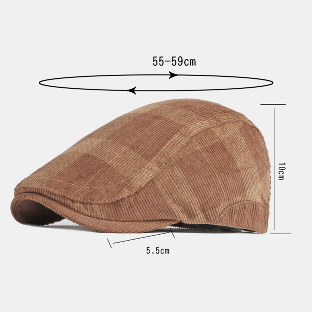 Unisex Corduroy Lattice Stripe Adjustable Beret Flat Cap British Retro Autumn Winter Wild Windproof Forward Hat - MRSLM