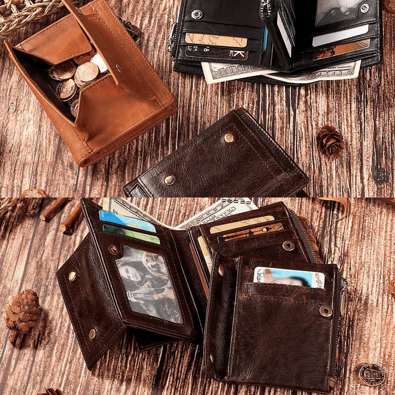 Men Genuine Leather RFID Anti-Theft Double Zipper Retro Business Multi Card Slot Leather Card Holder Wallet - MRSLM