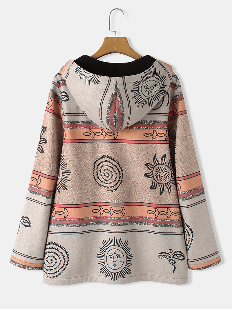 Women Celestial Print Zip up Ethnic Style Hooded Coats with Pocket - MRSLM