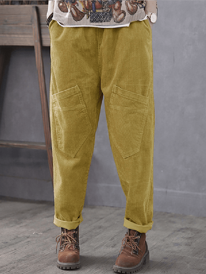 Women Corduroy Cargo Style Elastic Waist Pants with Multi Pocket - MRSLM