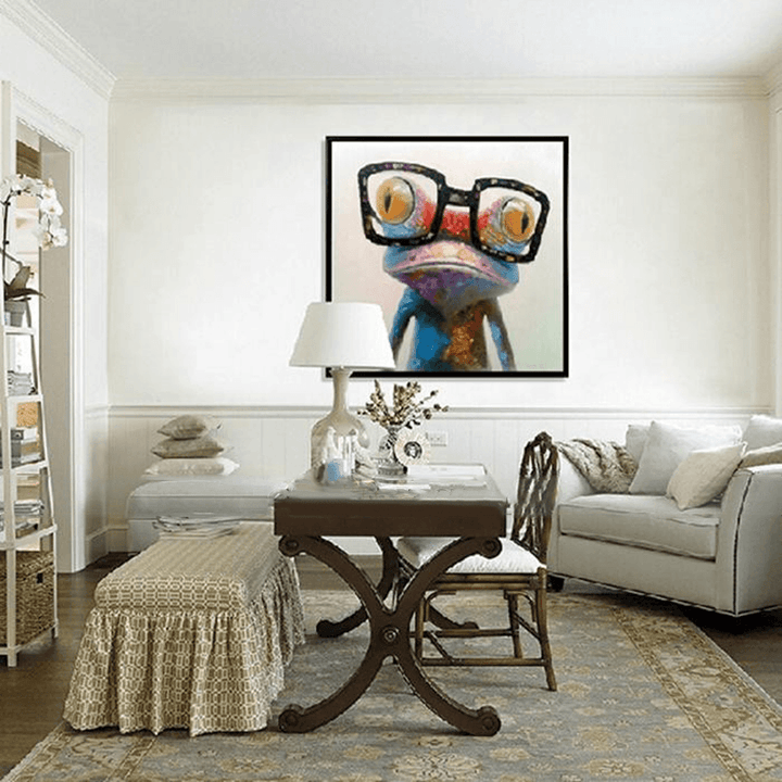 Miico Hand Painted Oil Paintings Animal Modern Art Happy Frog with Glasses on Canvas Wall Art for Home Decoration 30X30Cm - MRSLM