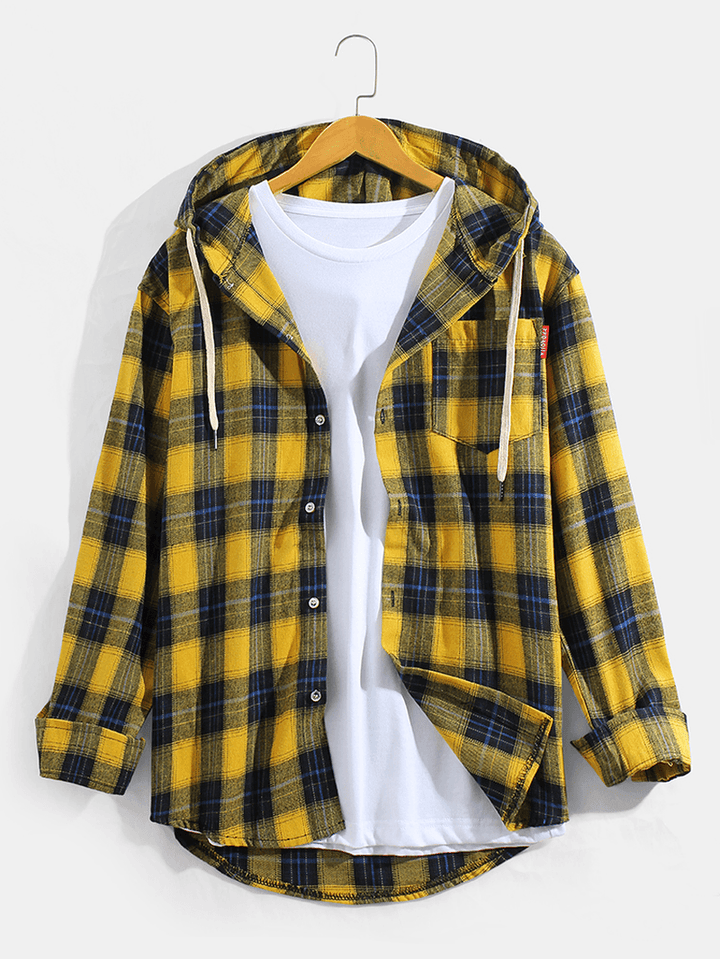 Mens Vintage Plaid Hooded Long Sleeve Shirts with Chest Pocket - MRSLM