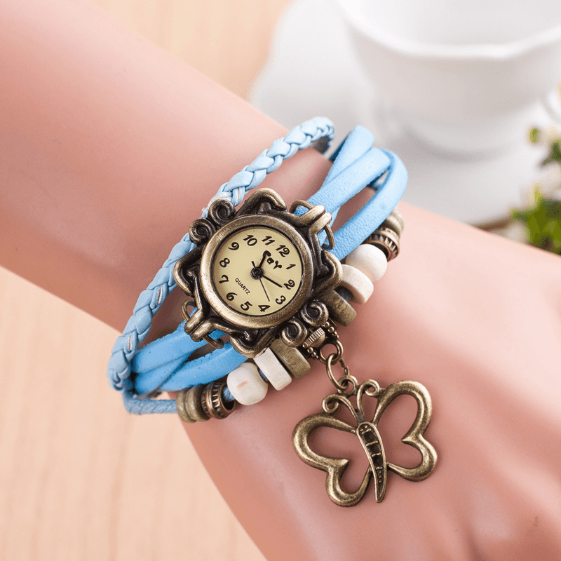 DOLAOR Multilayer Vintage Women Watch Hollow Butterfly Pendant Leather Retro Bracelet Watch - MRSLM