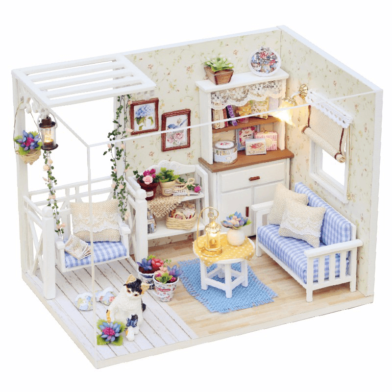 Cuteroom 1/24 Dollhouse Miniature DIY Kit with LED Light Cover Wood Toy Doll House Room Kitten Diary H-013 - MRSLM