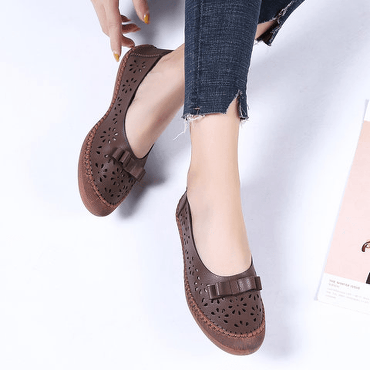 Women plus Size Genuine Leather Breathable Hollow Out Slip on Casual Flats Loafers - MRSLM