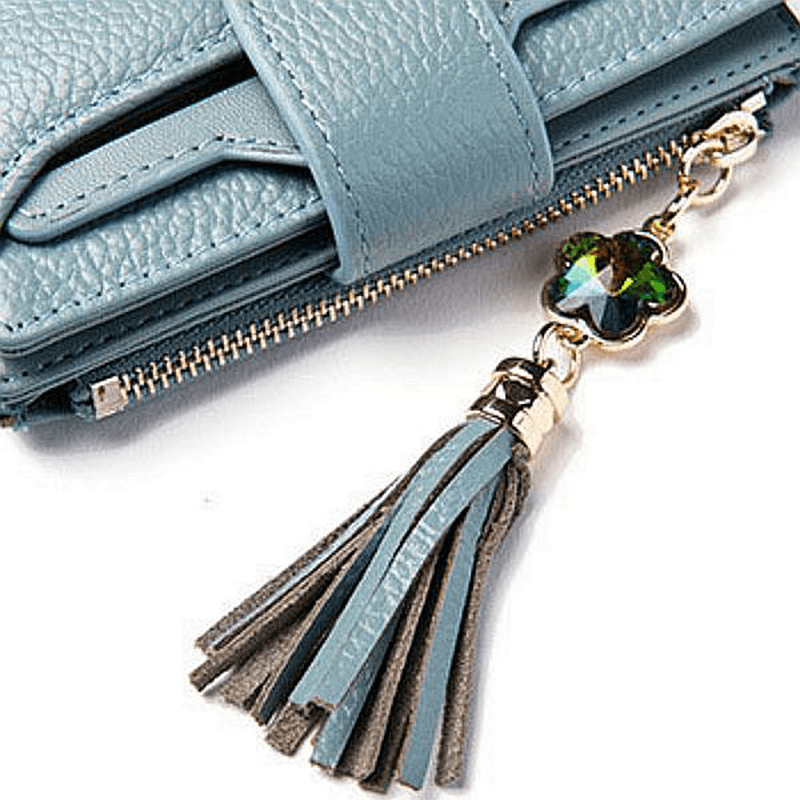 Women Casual Genuine Leather Purse 19 Card Slot Tassel Short Wallet - MRSLM