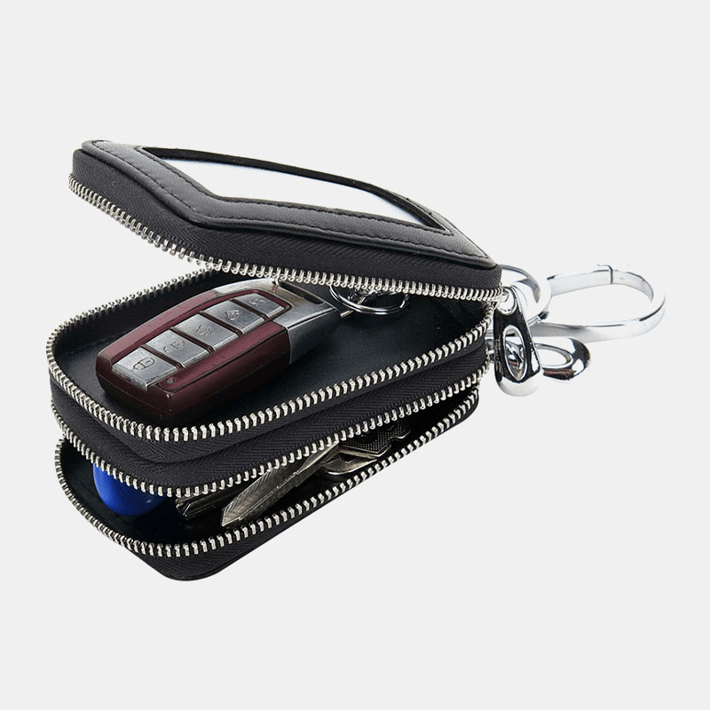 Unsiex Genuine Leather Double Zipper Hanging Woven Pattern Car Key Case Holder Keychain Wallet - MRSLM