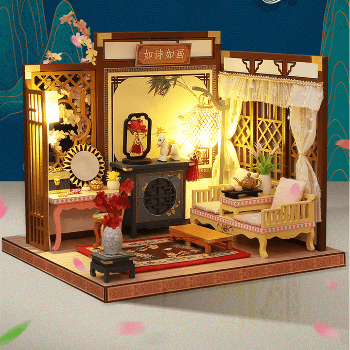 DIY Creative Chinese Style Retro Architectural Model Wooden Doll House Miniature Landscape Home Creative Gifts with Dust Cover and Furniture - MRSLM