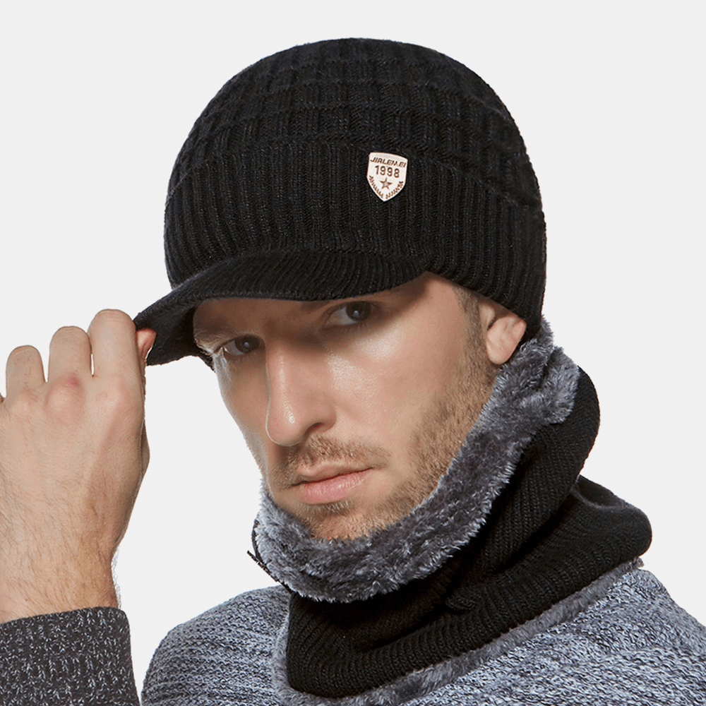 2 PCS Men Winter plus Velvet Warm Cashmere Bonnet Knitted Caps Scarf Mask Outdoor Wild Elastic Adjustable Windproof Beanie Skull Hat - MRSLM