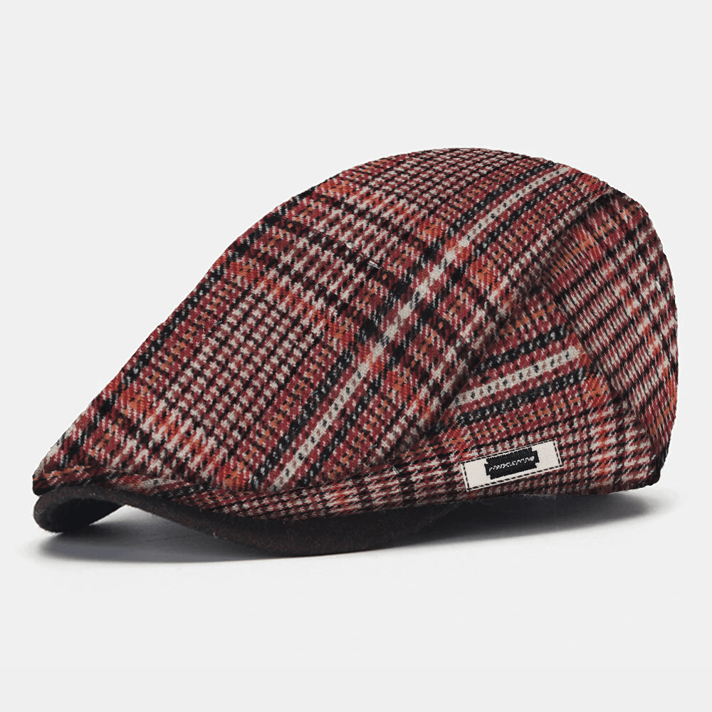 Collrown Men Plaid Knitted Beret Flat Cap Side Metal Label Adjustable Newsboy Hat - MRSLM