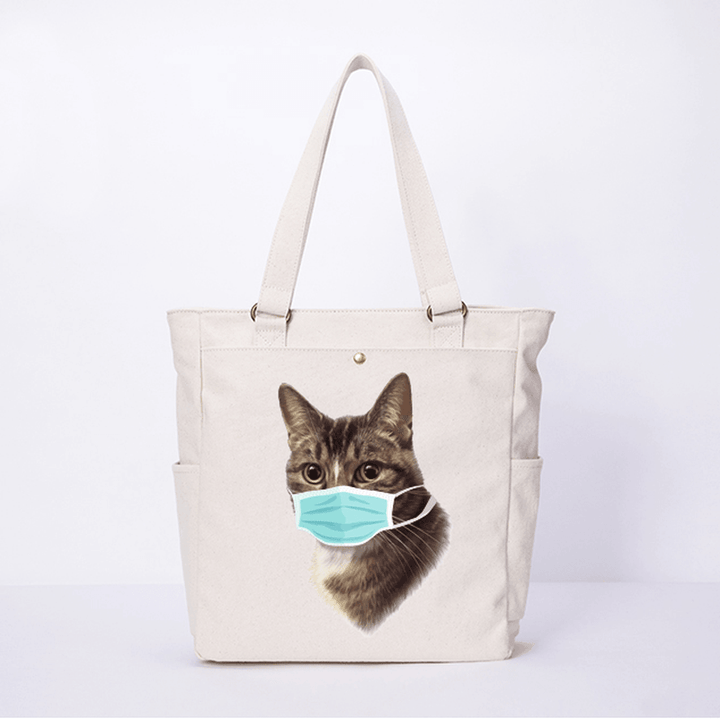 Women Cat Pattern Mask Casual Canvas Shoulder Bag - MRSLM