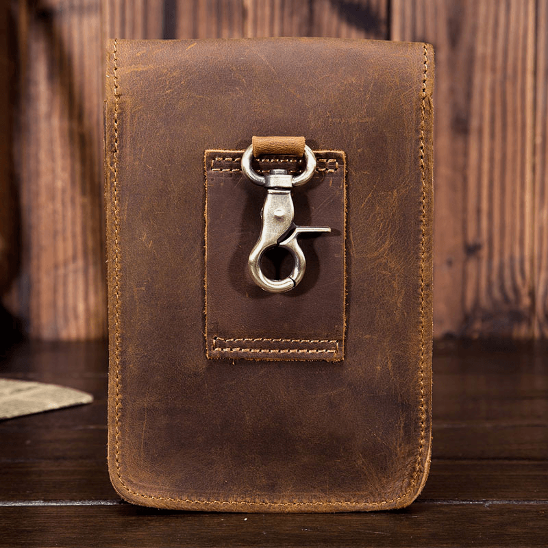 Men Retro Wear-Resistant First Layer Cowhide Waist Bag Large Capacity Card Holder Belt Bag 6.5 Inch Phone Bag with Hook - MRSLM