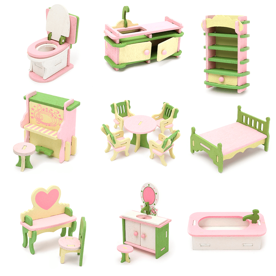 Wooden Furniture Set Doll House Miniature Room Accessories Kids Pretend Play Toy Gift Decor - MRSLM