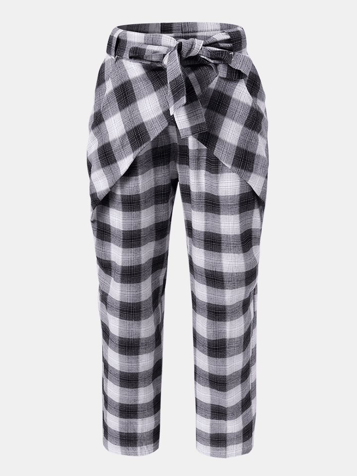 Plaid Print Knotted Pocket High Waist Loose Casual Pants for Women - MRSLM