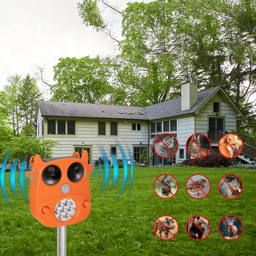 JLT-866 Solar Ultrasonic Animal Repeller 7 LED Flashing Light Frighten Animals Garden PIR Sensor Bird Cats Dog Repellent - MRSLM