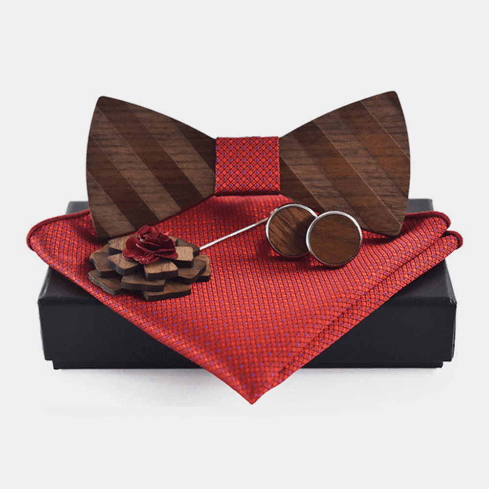 Men 4PCS Wedding Birthday Gift Set Square Scarf Cufflinks Brooch Wooden Bowtie Combo Set - MRSLM