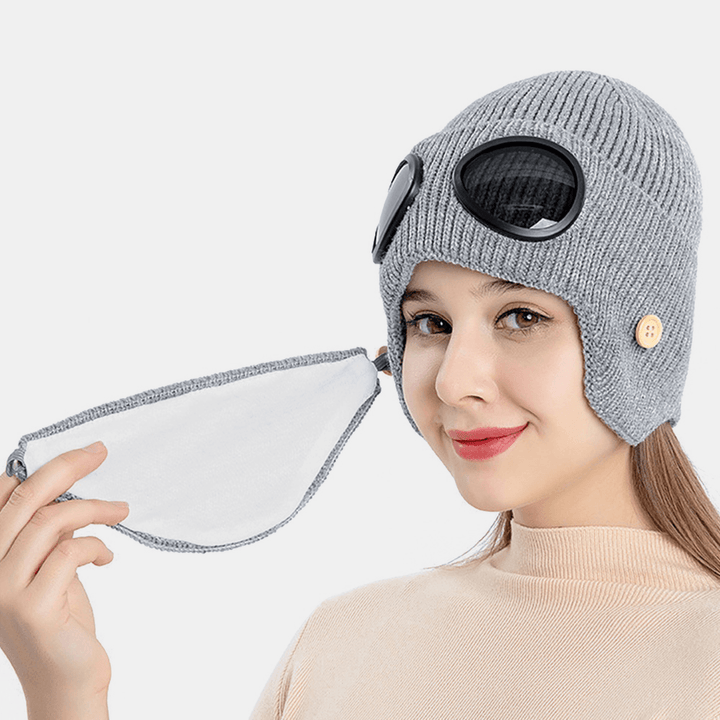 Unisex plus Velvet Thick Warm Neck Face Ear Protection Headgear Knitted Hat Mask Pilot Glasses - MRSLM