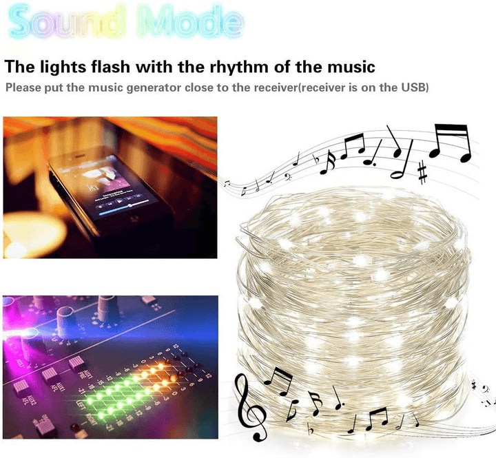 SKYFIRE 50/100 Leds Music Fairy String Light Silver Wire Twinkle Starry Lights with Remote Control Timer 32.8Ft USB Powered Sound Activated LED Lights Holiday Lighting for Christmas Tree Wedding Party Bedroom - MRSLM