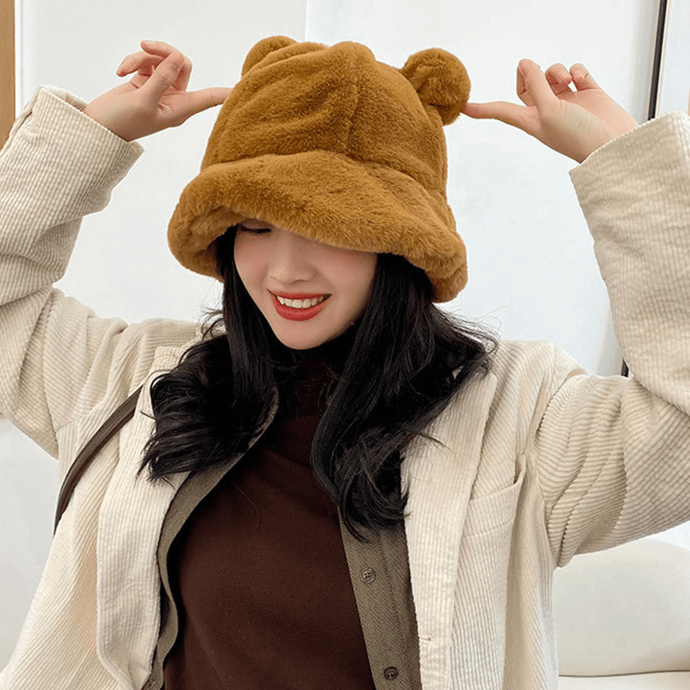 Women Faux Rabbit Hair Warm Soft Cute Casual All-Match Animal Ear Pattern Bucket Hat - MRSLM