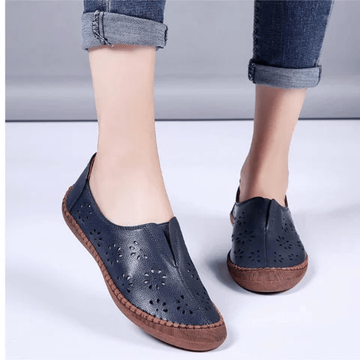 Women Genuine Leather Slip on Elastic Band Breathable Hollow Out Spring Causal Flats Loafers - MRSLM