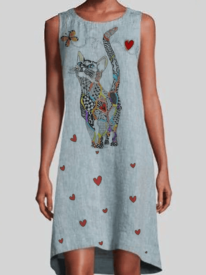 Women Colorful Cat Print Sleeveless Vintage Dresses - MRSLM