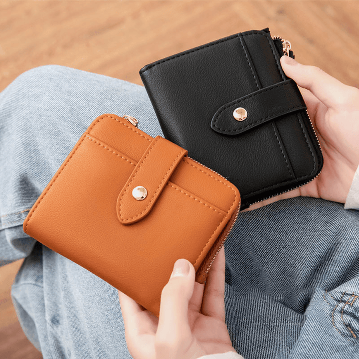 Women PU Leather Bifold Hasp Multi-Card Slot Retro Short Card Holder Clutch Wallets with Wrist Strap - MRSLM