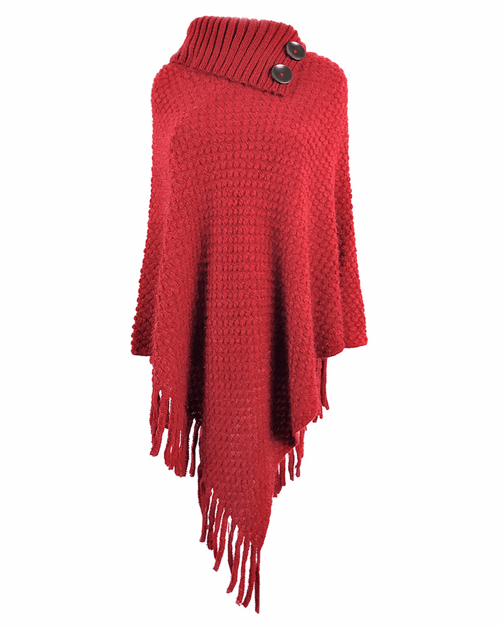 Women Solid Button Irregular Hem Shawl Tassel Sweaters - MRSLM