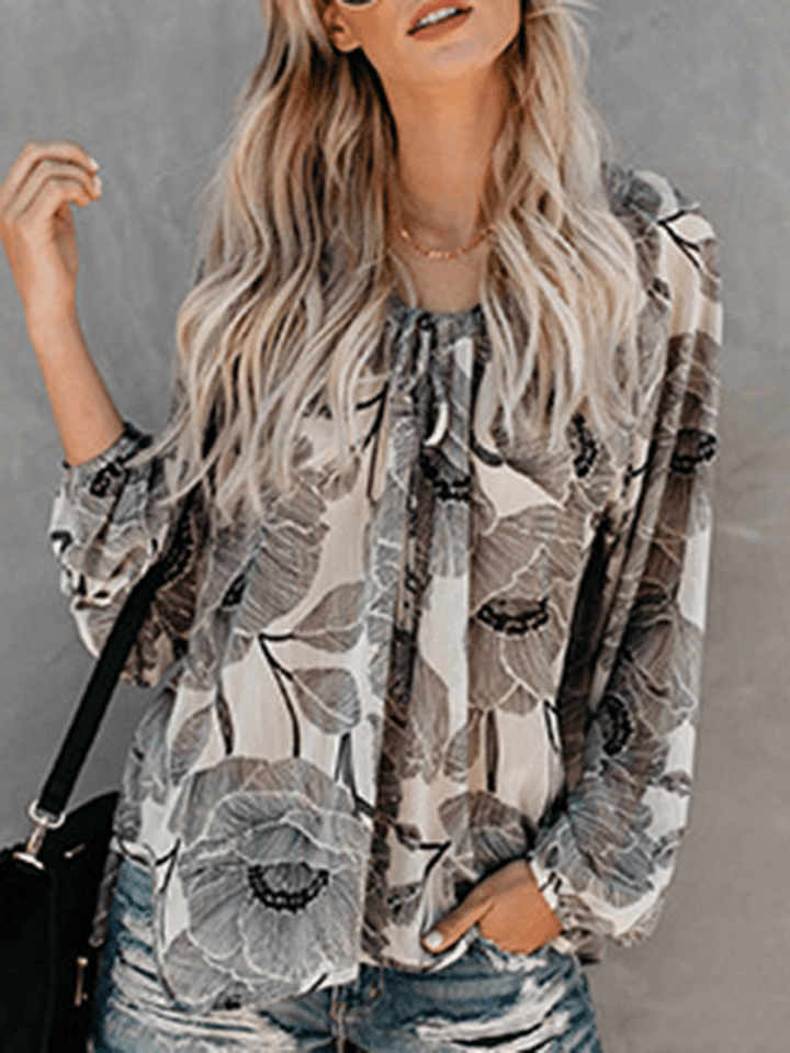 Women V Neck Boho Floral Print Blouse - MRSLM