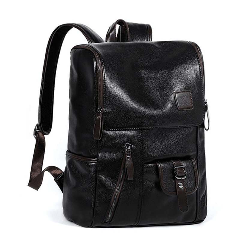 Men PU Leather Solid Vintage Large Capacity Backpack USB Charging Shoulder Bag - MRSLM