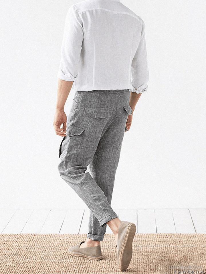 Mens Cotton Linen Solid Color Casual Drawstring Cargo Pants - MRSLM