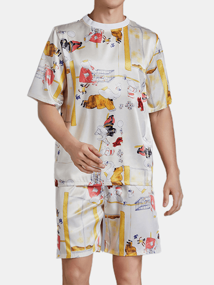 Mens Playing Cards Fuuny Cartoon Print Short Sleeve Two Piece Cozy Smooth Pajama Set - MRSLM