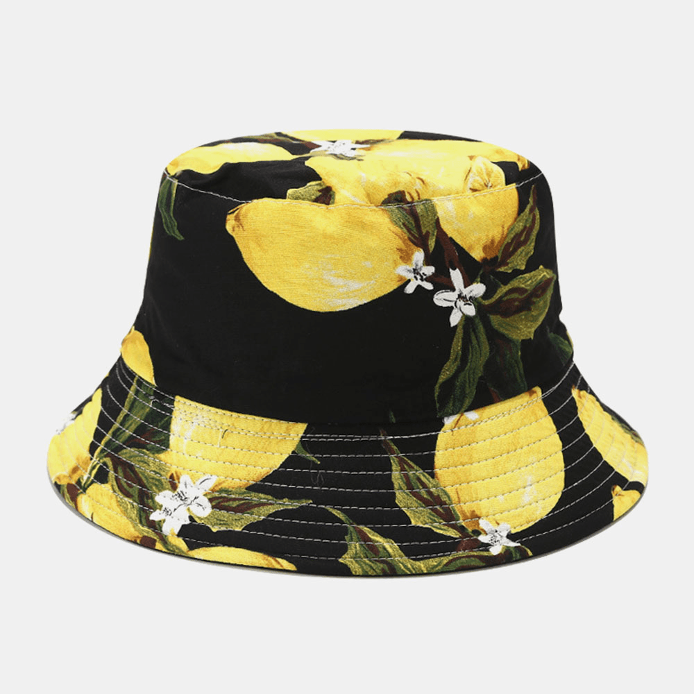 Unisex Cotton Lemon Leaf Pattern Printed Double-Sided Wearable Fashion Bucket Hat - MRSLM