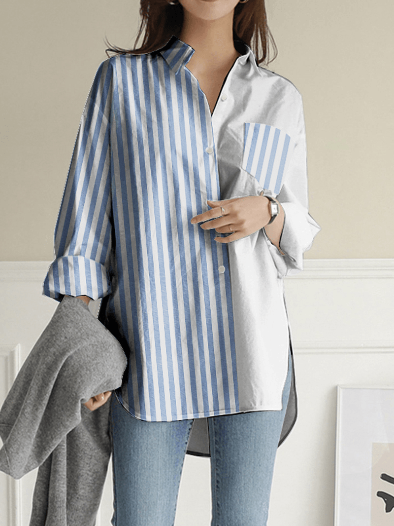 Women Stripes Patchwork High Low Split Hem Casual Long Sleeve Shirts - MRSLM