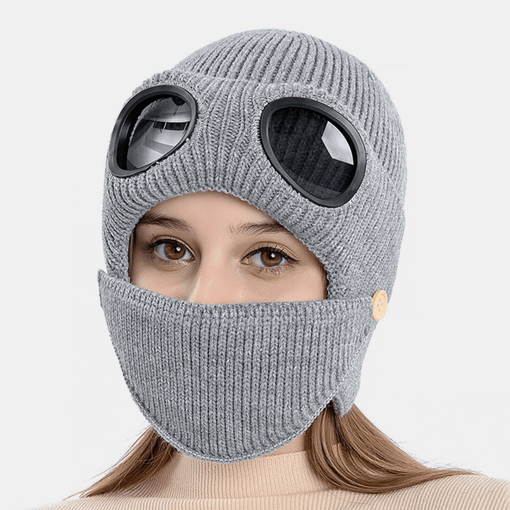 Unisex plus Velvet Thick Warm Neck Face Ear Protection Headgear Knitted Hat Mask Pilot Glasses - MRSLM