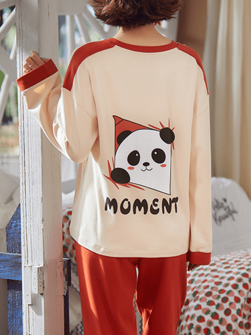 Women Cartoon Panda & Letter Print Long Sleeve Top Loose Pants Two Piece Home Pajama Set - MRSLM