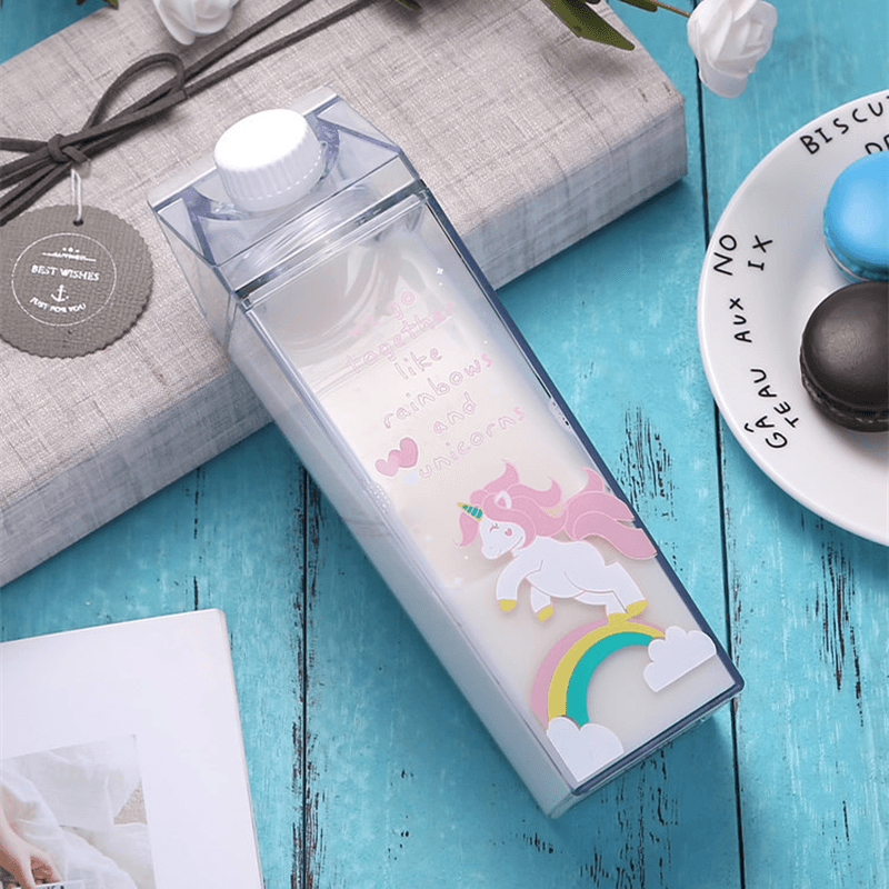 Portable Cup Novelty Milk Carton Shaped Cartoon Unicorn Printed Water Bottle - MRSLM