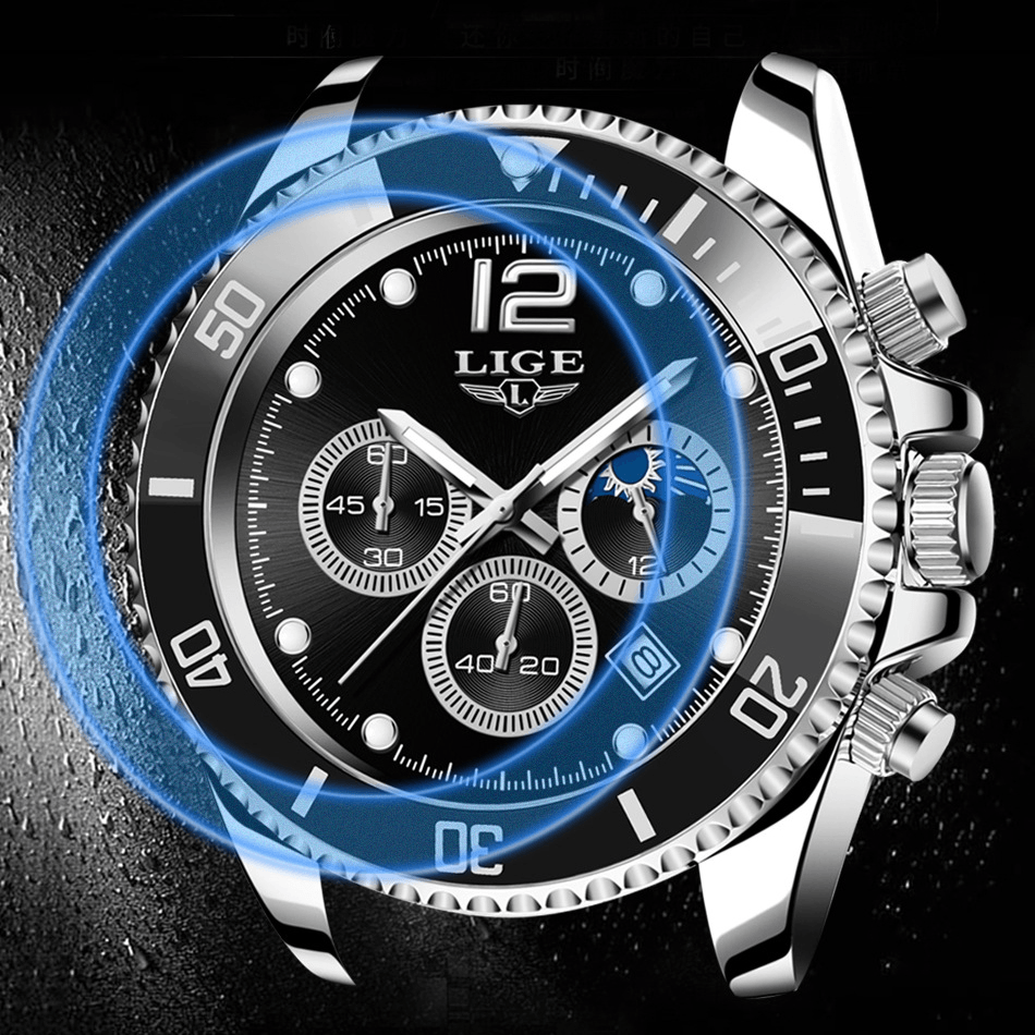 LIGE 8924 Business Casual Multifunctional Luminous Pointer with Small Dials Chronograph Stainless Steel Strap 3ATM Waterproof Men Quartz Watch Wristwatch - MRSLM