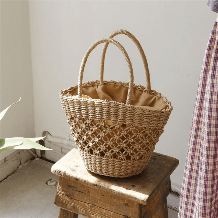 Women Straw Hollow Retro Handmade Paper String Cylindrical Bag Beach Bag Handbag - MRSLM