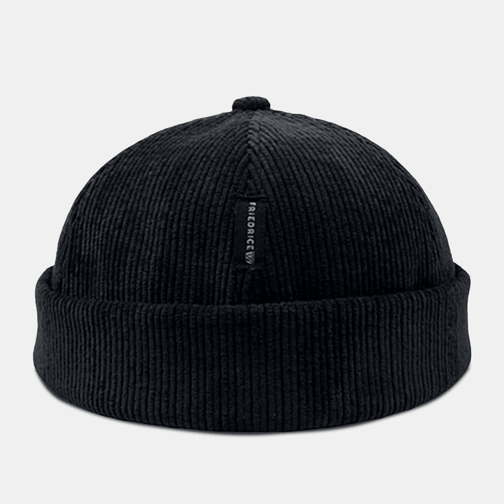 Unisex Corduroy Label Patch Skull Cap Casual Outdoor Autumn Winter Warm Adjustable Brimless Beanie Landlord Cap - MRSLM