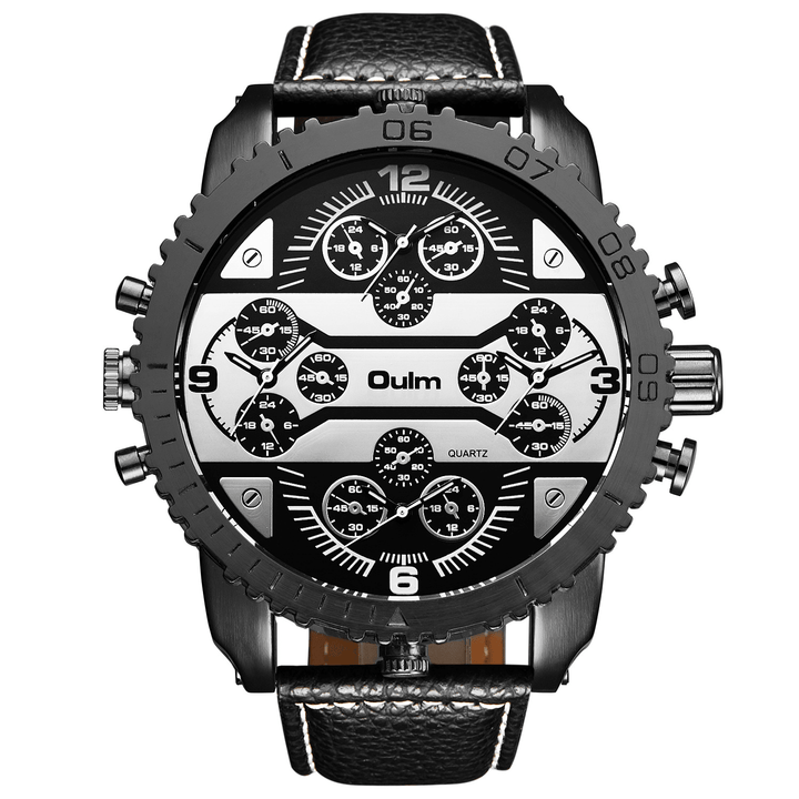 Oulm Vintage Men Watch Large Dial Multi-Time Zone Watch Luminous Waterproof Quartz Watch - MRSLM