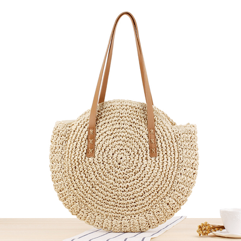 Women Leisure round Straw Bag Woven Beach Bag Shoulder Bag - MRSLM