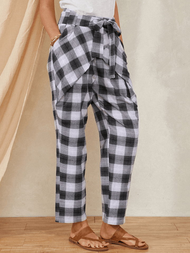 Plaid Print Knotted Pocket High Waist Loose Casual Pants for Women - MRSLM