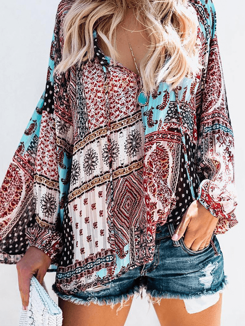 Women V Neck Boho Floral Print Blouse - MRSLM