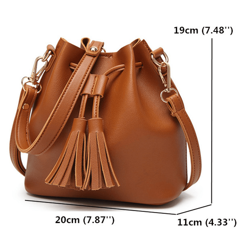 Women PU Leather Drawstring Bucket Bags Retro Tassel Shoulder Bags Crossbody Bags - MRSLM