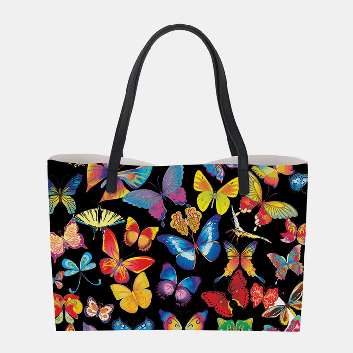 Women Faux Leather Large Capacity Floral Cat Butterfly Printing Casual Cute Handbag Shoulder Bag Bucket Bag - MRSLM