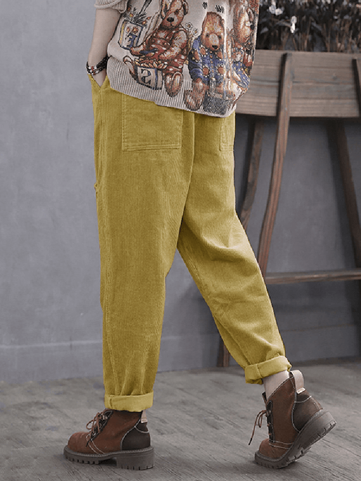 Women Corduroy Cargo Style Elastic Waist Pants with Multi Pocket - MRSLM